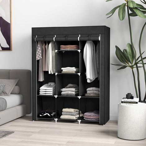 Armario de tela con 2 barras y 8 estantes, 125 x 43 x 162,5 cm, negro HAVRYA (1/5)