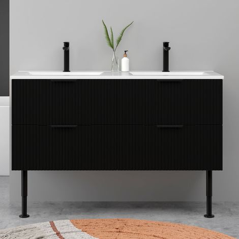 Meuble de salle de bain suspendu Strié 120cm avec pieds + poignées + double vasque + 4 tiroirs, Noir