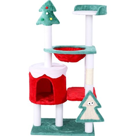 ARBRE À CHAT DE NOËL, GRIFFOIR EN SISAL, HAMAC, NICHE, 110X55X40CM, ROUGE ET VERT, SD3 (1/5)