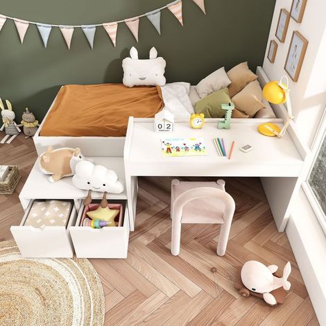 Lit combiné - Enfant - Bois massif - 90 x 200 cm - Blanc - Avec tiroirs de rangement (1/5)