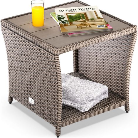 CASARIA® Mesita Auxiliar de Poliratán con tablero WPC 45x45x40cm Mesa Balcón Terraza Mueble de Jardín Altura Ajustable Crema (1/8)