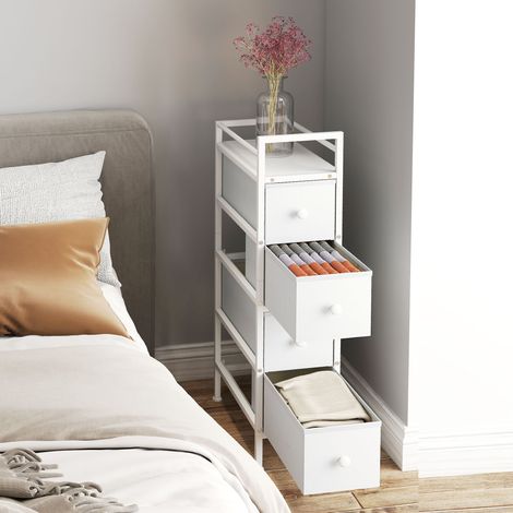 Kommode mit 4 Stoffschubladen, Stahlgestell, Anrichte für Schlafzimmer, kleine Räume, Wohnzimmer, Ankleidezimmer, Weiß
