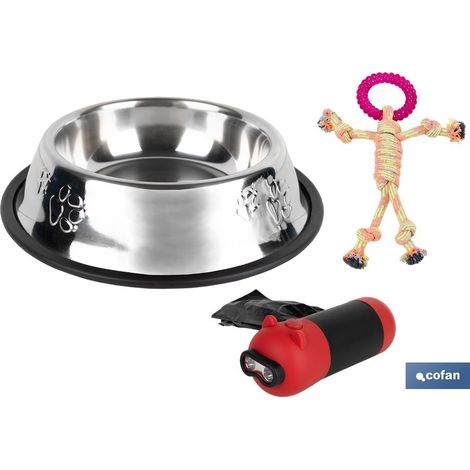 Pack mascota dispensador bolsas comedero bebedero juguete mordedor acero inoxidable
