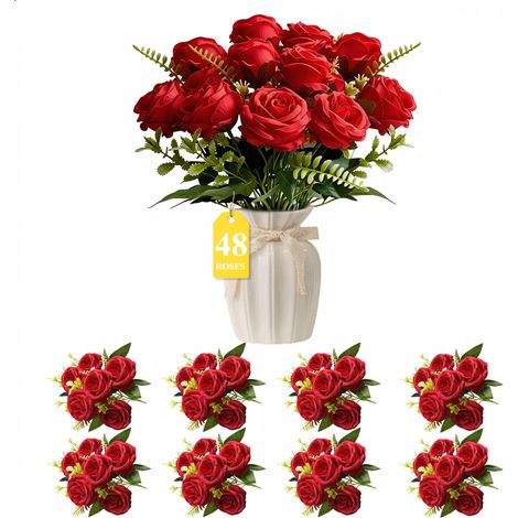 48 Fleurs Rouge Roses Artificielles Longue Tige Décoration Mariage (1/5)