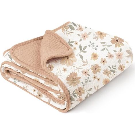 Copertina per neonati in cotone, morbidissima e leggera, ideale per culla, lettino climatizzato o come asciugamano da bagno, 102 x 92 cm, fantasia floreale color kaki. (1/2)