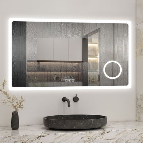 Aica 120x70cm Tricolor anti-buée LED miroir de salle de bain avec bluetooth, horloge et miroir grossissant 3x,mémoire et lumière gradation