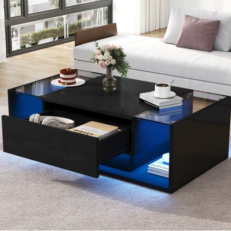 Table basse en panneaux de particules noirs brillants avec verre trempé et LED, 100 x 50 cm, 1 tiroir (1/5)