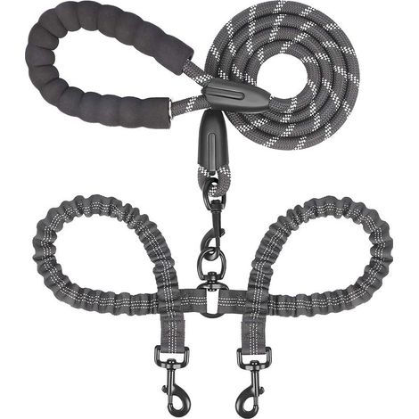 Laisse double pour chien, nylon, pivotant 360, noir (1/4)