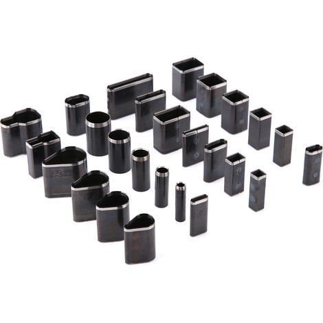 Ensemble de 26 outils de découpe et de perforation de formes variées pour le cuir, pour la fabrication artisanale de cuir. (1/5)