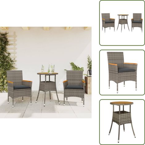 3-tlg. Garten-Essgruppe mit Kissen Grau Poly Rattan Akazie - Gartentisch - Gartenstuhl - Gartenmöbel Set - Outdoor Möbel - Terrassenmöbel (1/5)