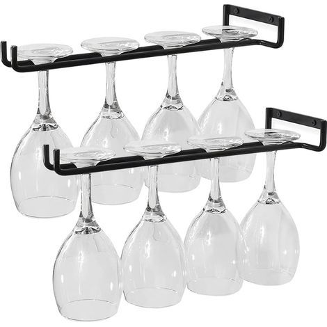 Porte-Verre à Vin, 2 PCS Porte-Verres à Pied Support de Verre avec Vis, Suspendu Support de Verre à Vin en Métal Durable Convient Pour 4 Verres pour Cuisine, Bar, Restaurant, Noir