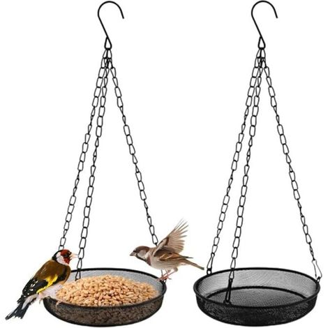 Set of 2 hanging bird feeders with iron chain and hooks, round mesh, for garden, patio, farm (black) (1/5)