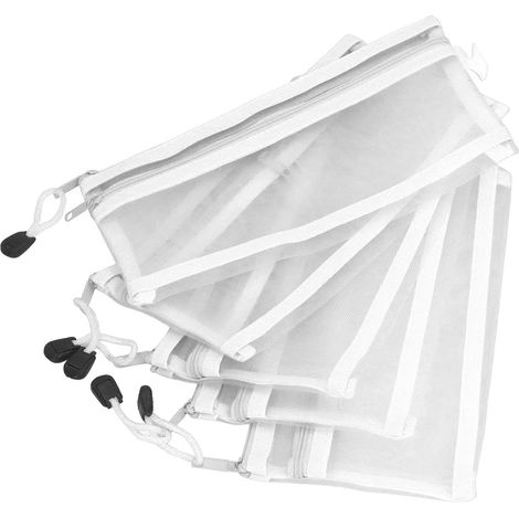 Lot de 10 pochettes en nylon imperméables à double couche en filet blanc, pour documents A6, fournitures de bureau et puzzles. Fermeture éclair. (1/5)