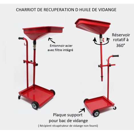 Chariot récupérateur d'huile pour vidange moteur – Entonnoir pivotant 360° – Châssis mobile avec 2 roues fixes et 2 roues pivotantes – 93x42,5x21,5cm