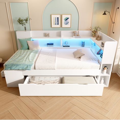 Letto giorno 90x200 cm con LED, porte USB e Type C, vano contenitore, legno, bianco (1/5)
