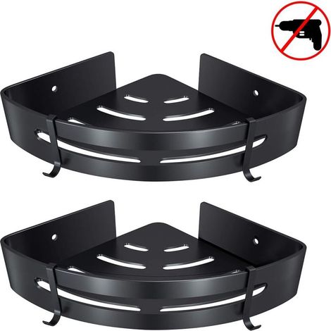 Étagère d'angle de salle de bain, adhésif en aluminium non perforé pour étagère de douche, panier de rangement pour savon et shampoing, avec crochets (triangle, noir, 2 pièces) (1/5)