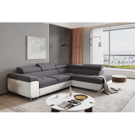 Ecksofa Sofa JADE Stoff Soft / Sawana Weiss-Dunkelgrau mit Schlaffunktion Ottomane Rechts (1/2)