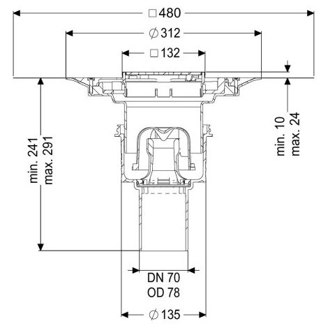 Siphon de sol/plafond Ecoguss DN 70, vertical, Variofix, grille design