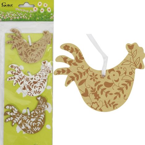 Set di 3 ciondoli a forma di gallo in legno. (1/2)