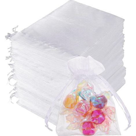 Lot de 100 Sachets en Organza Blanc 7x9 cm, Pochette Cadeau Réutilisable pour Bijoux, Dragées Baptême, Mariage, Lavande - Résistants avec Cordon de Serrage (1/5)