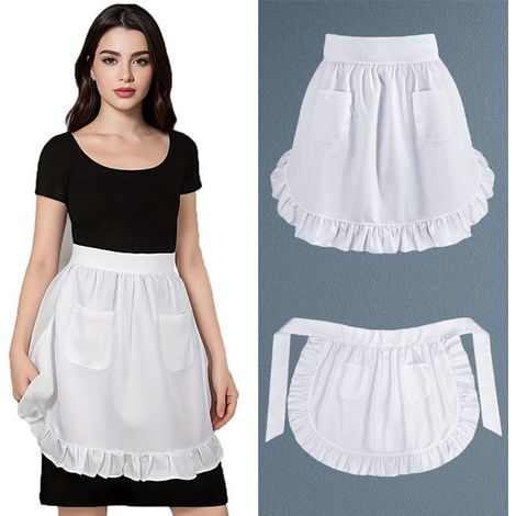 Delantal de mujer,blanco,blanco,medio delantal con bolsillos,falda de chef ajustable,atuendo de cocina francés vintage para niñas (1/5)