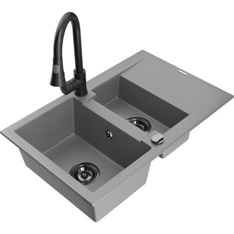 Mexen Gaspar fregadero de granito 1,5 senos con escurridor y grifo de cocina Elia, gris - 6507-71-670101-70-B