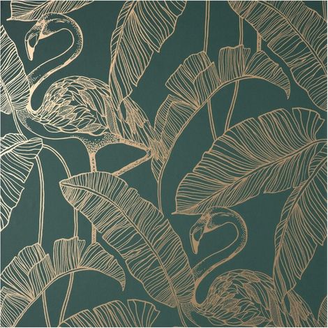 Fine Decor Flamingo Emerald Tropical Leaves Wallpaper Paste The Paper (1/4)