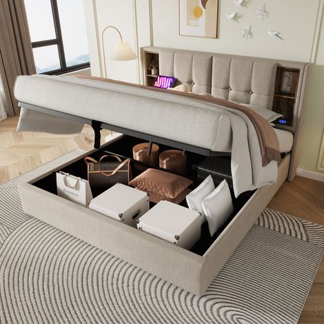 Bett mit Stauraum Leinen Natürlich 160x200 cm, mit kabellosem Laden, USB-C und Lattenrost (1/5)
