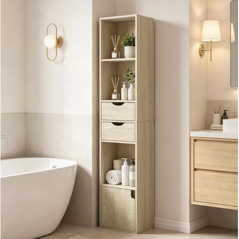 Bibliothèque étroite sur pied, 30 x 157,5 x 24 cm, chêne clair, avec 2 tiroirs et 1 porte OKMYHOME (1/5)