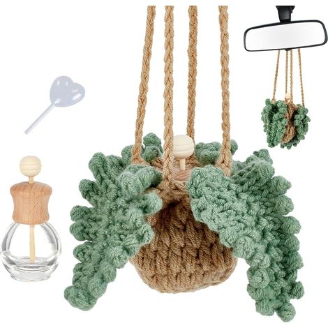 Désodorisant de Voiture au Crochet Ornement Suspendu en Tricot Fait Main Orné D'Une Plante en Pot avec un Flacon Diffuseur D'Huiles Essentielles Vide et Rechargeable de 12 ml (1/5)