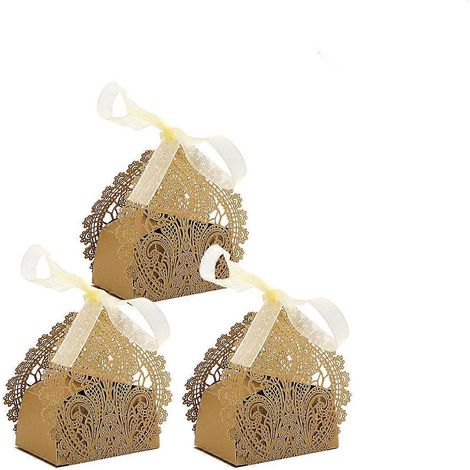 50 boîtes à dragées en papier ajouré pour cadeaux, bonbons et friandises, avec rubans (Champagne) (1/4)