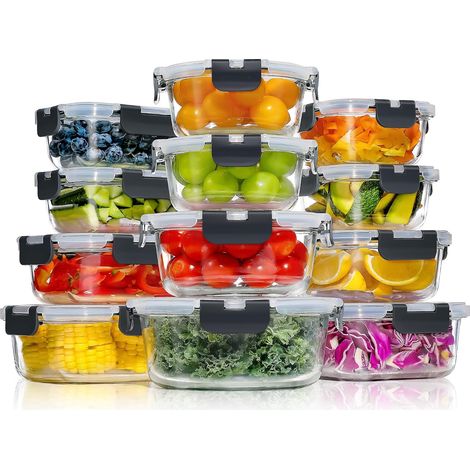 YASHE Lot de 12 boîtes en verre, 3 formes, 6,75 L, couvercles noirs