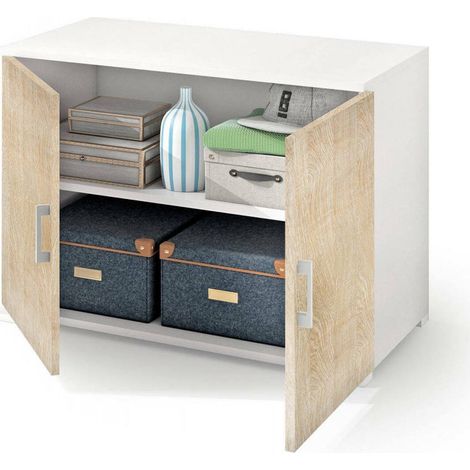 Dmora - Armadio multiuso Serafinito, Mobile lineare a 2 Ante battenti con ripiano, Mobile da ingresso, Scarpiera moderna, 100% Made in Italy, 90x45h66 cm, Rovere e Bianco
