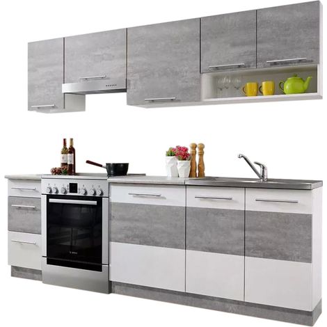 Dusine – Cuisine complète LAX 7 éléments 240 cm – Finition béton et blanc mat – Caissons en mélaminé certifié FSC – Poignées plastiques incluses