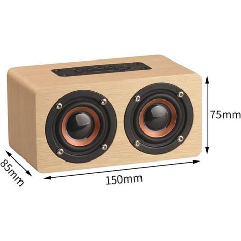 Enceinte bois Bluetooth W5 V5.0, batterie 1000-1200mAh, 2 haut-parleurs 10W, portée 10m, carte TF AUX appel mains libres, veinure bois jaune et rouge (1/5)