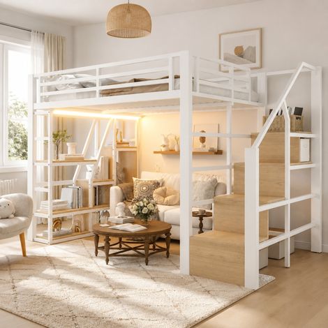 Hochbett 140x200 cm Weiß aus Metall und MDF mit LED-Lichtleiste, Stauraum und Schutzgeländer (1/5)