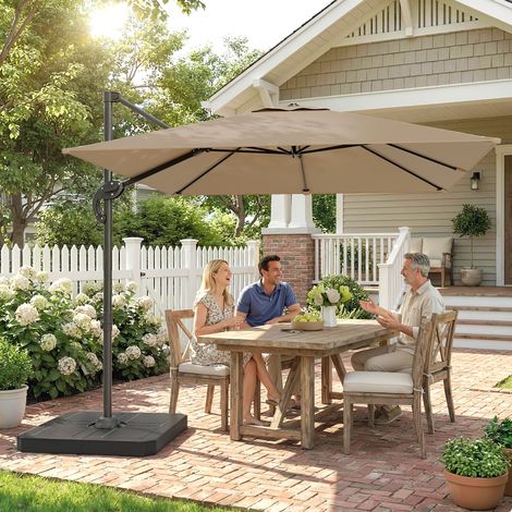 Ombrellone a braccio quadrato, ombrellone da giardino per esterni, base e piastre di zavorra, palo in alluminio, protezione UV50+, 2,4x2,4 m, kaki