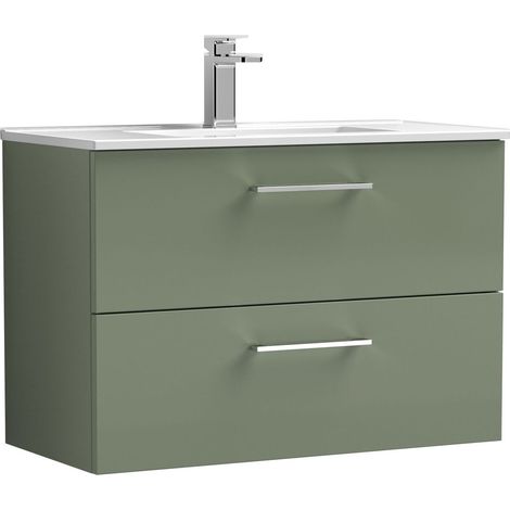 Balterley  Contemporary Bathroom 2 Soft Close Drawer & Minimalist Wall Hung Vanity Unit Basin, Satin Green, 800mm