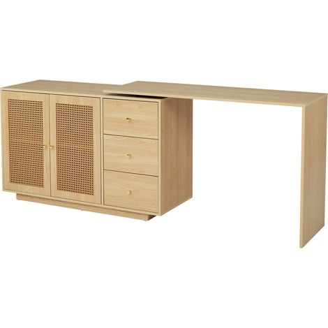 Escritorio de esquina en L con puertas de ratán, madera natural, 126 cm, HOMVRA (1/5)