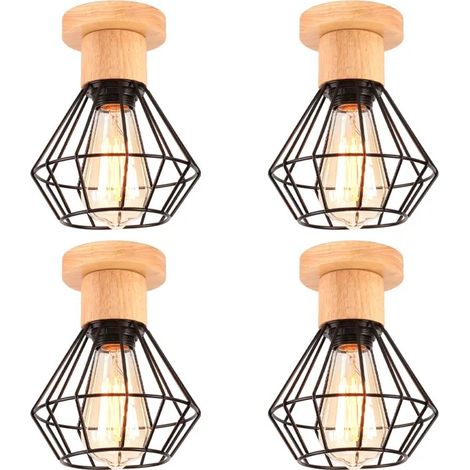 4pcs Plafonnier Vintage Lustre Industriel Abat-jour en Bois Métal Lampe de Plafond Design Cage Rétro pour Salon Couloir (1/5)
