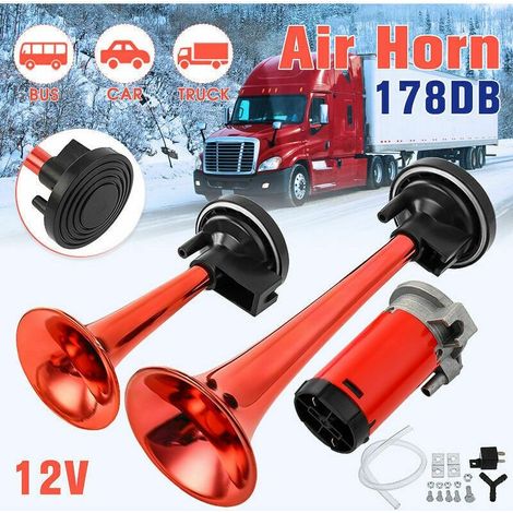 Klaxon pneumatique ultra-puissant 12 V 178 dB avec compresseur pour voiture, camion, bateau, train (rouge, kit de klaxon pneumatique) (1/3)