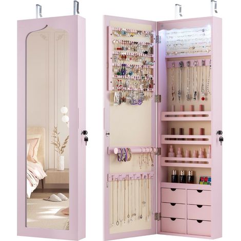Mobiletto portagioielli da parete 120 x 36,5 x 11,5 cm con specchio e illuminazione a LED salvaspazio design moderno in MDF rosa 200010333