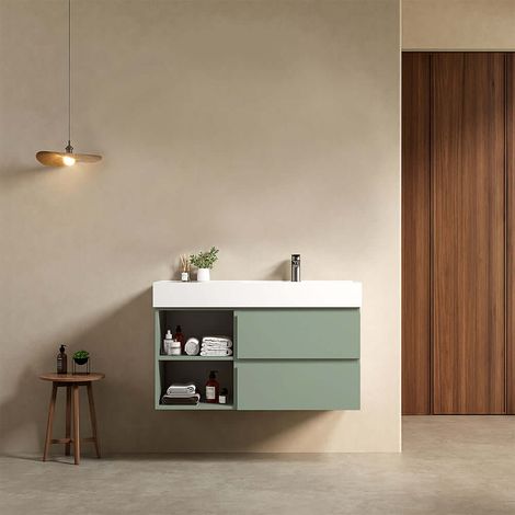 Mobile bagno sospeso 100 cm Verde Salvia Lavabo a Destra in Resina Senza Specchio - Fiji Paint Plus (1/4)