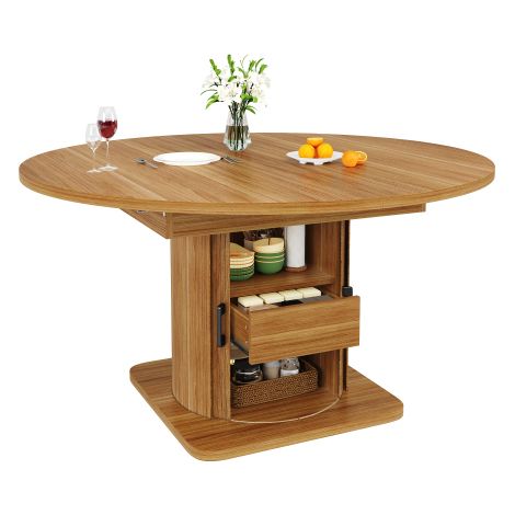 Table à manger extensible imitation chêne ronde avec caisson de rangement intégré dimensions 118-158cm hauteur76cm, table de repas multifonction avec placard pour vaisselle domestique (1/5)