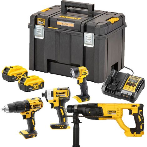 Dewalt – Pack de 4 outils électroportatifs 18V XR – 2 batteries 5Ah – Moteur Brushless – Perforateur DCH133 pour béton – Visseuse DCF787