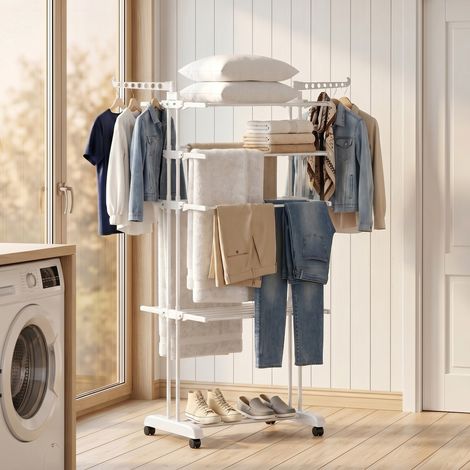 Séchoir linge pliable 4 niveaux roulettes étendoir ailes latérales cadre acier blanc, mobile (1/5)
