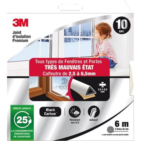 3M – Joint d'isolation pour porte et fenêtre – Largeur 2,5 à 6,5mm – Longueur 6m – Adhésif – EPDM pour calfeutrage efficace