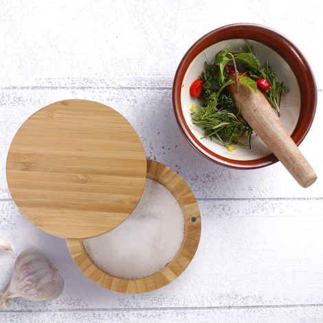 Boîte De Rangement En Bambou - Boîte À Sel Avec Couvercle Pivotant Magnétique - 170 Ml - Pour Cuisine Et Bureau