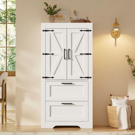 Credenza Alta con 2 Cassetti e Ripiani Regolabili, Stile Fienile, per Cucina, MDF, Bianca, 60×30×128 cm (1/5)