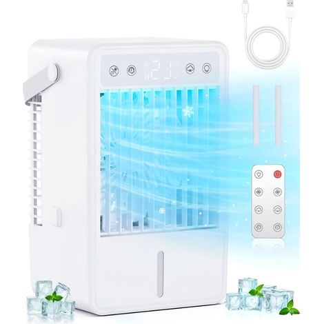 Climatiseur Mobile avec Réservoir de 1500ML  Rafraîchisseur d’Air 5 Vitesses & 2 Niveaux de Brume  Climatiseur Portable avec Télécommande  Minuterie 10H & Éclairage LED  Idéal pour Chambre, Bureau